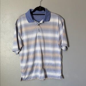 PGA TOUR Men's Blue White Tan Striped Performance Golf Polo Shirt Medium M